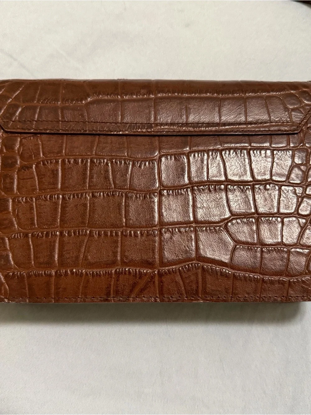 Croc-Embossed Brown Leather Envelope Clutch/Cross Body w/Gold Blaine Trump Logo